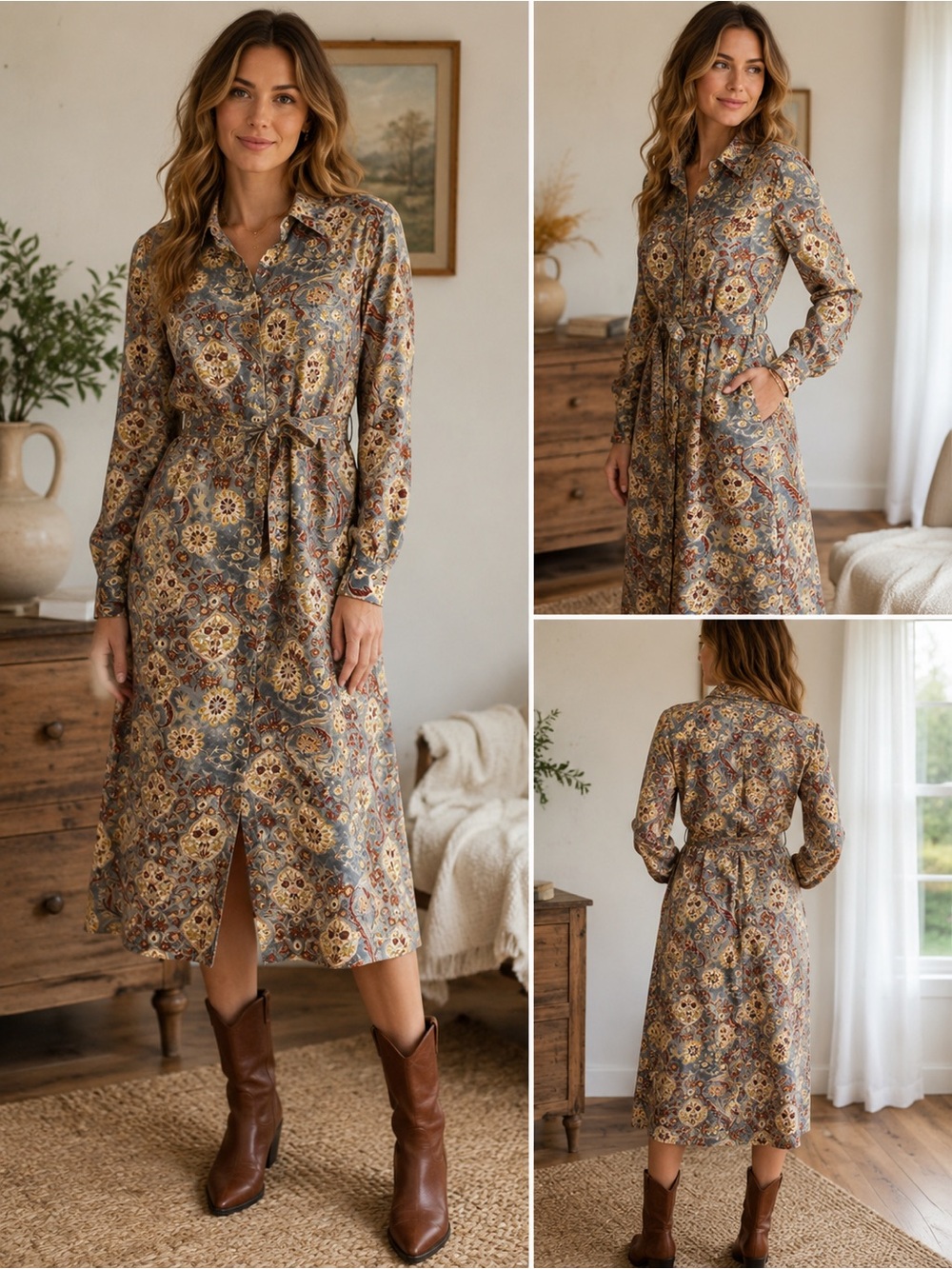 The Territory Ahead 100% Silk Shirt Dress M Boho Button Front Midi Cottagecore